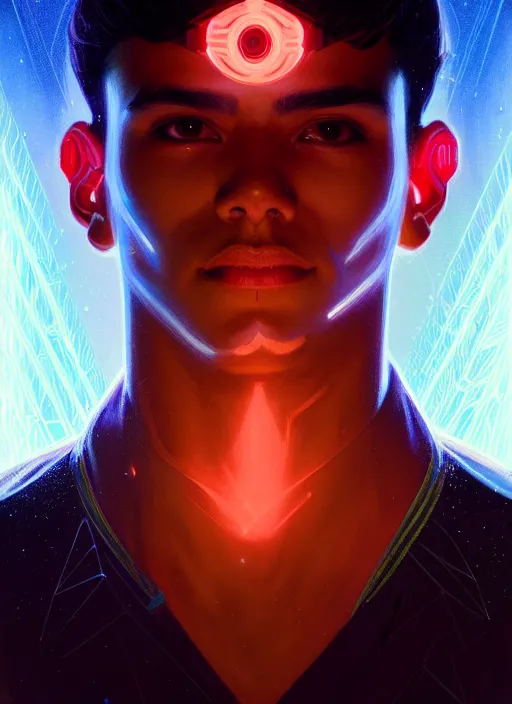 Image similar to symmetry portrait of a handsome young peruvian man, sci - fi, tech wear, glowing lights intricate, elegant, highly detailed, digital painting, artstation, concept art, smooth, sharp focus, illustration, art by artgerm and greg rutkowski and alphonse mucha