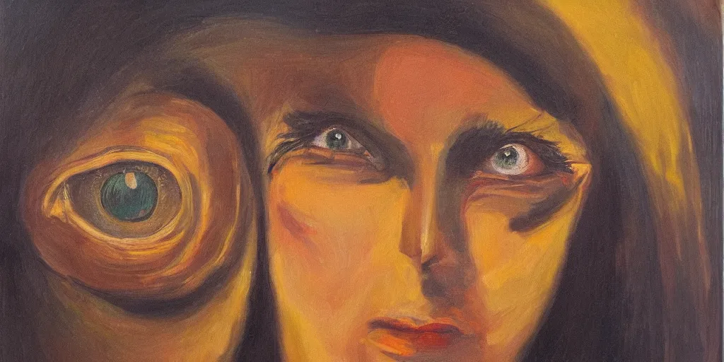 Prompt: portrait of a beautiful sedutive woman with three eyes, oil panting, golden hour