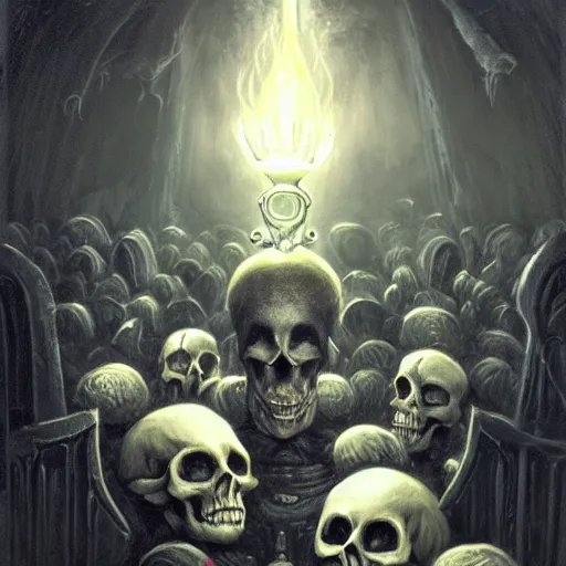 Image similar to black void chalice, longsword, skull, small white mushrooms, light from above, seb mckinnon