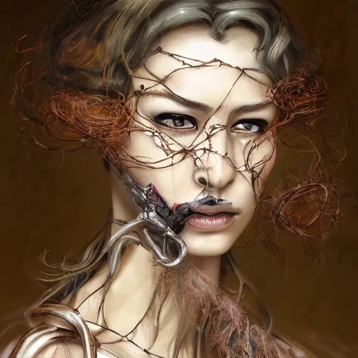 Image similar to portrait of a Shibari rope wrapped face and neck, headshot, insanely nice professional hair style, dramatic hair color, digital painting, of a old 13th century, traveler, amber jewels, baroque, ornate clothing, scifi, realistic, hyperdetailed, chiaroscuro, concept art, art by Franz Hals and Jon Foster and Ayami Kojima and Amano and Karol Bak,