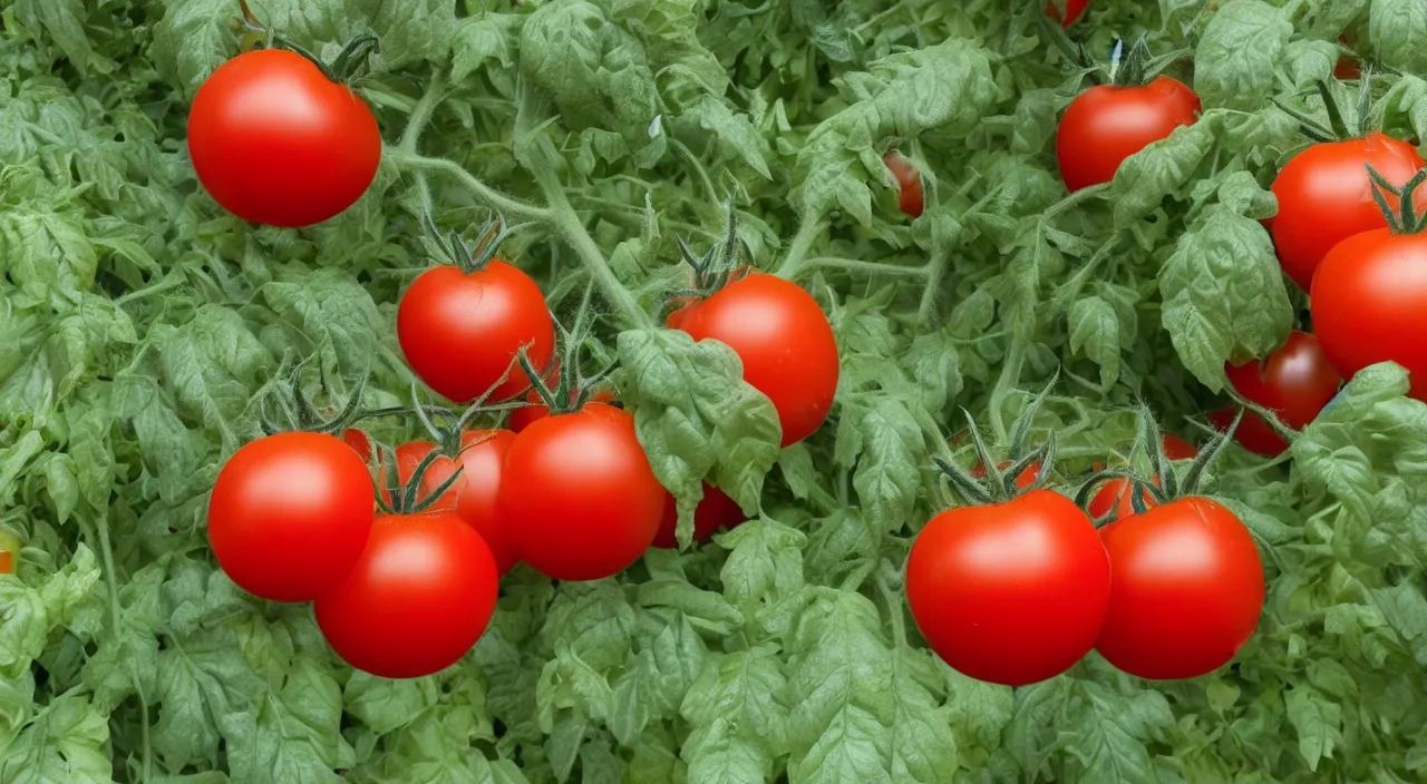 Image similar to a frighteningly red tomato, too red, glowing with an unearthly intensity, halos of light, led cybernetic tomatoes, magically glowing on the vine, haze, atmospheric lighting