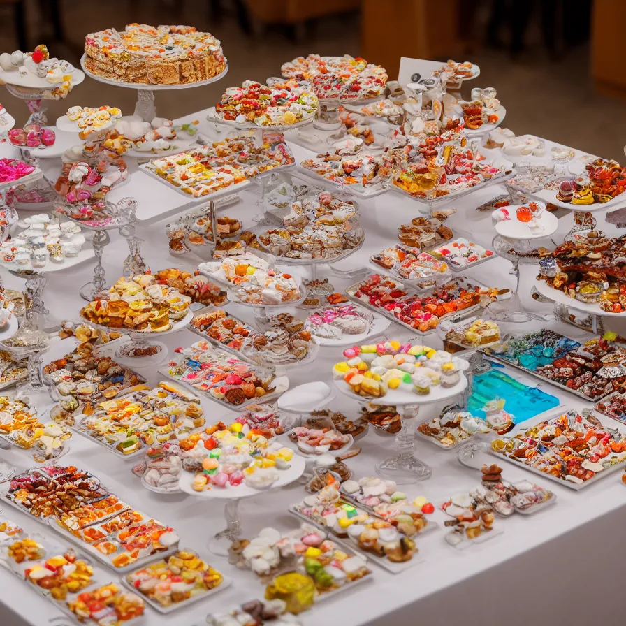 Image similar to a table with a white map full of sweets and bite sized deserts. highly detailed 8 k. intricate. nikon d 8 5 0 3 0 0 mm. award winning photography.