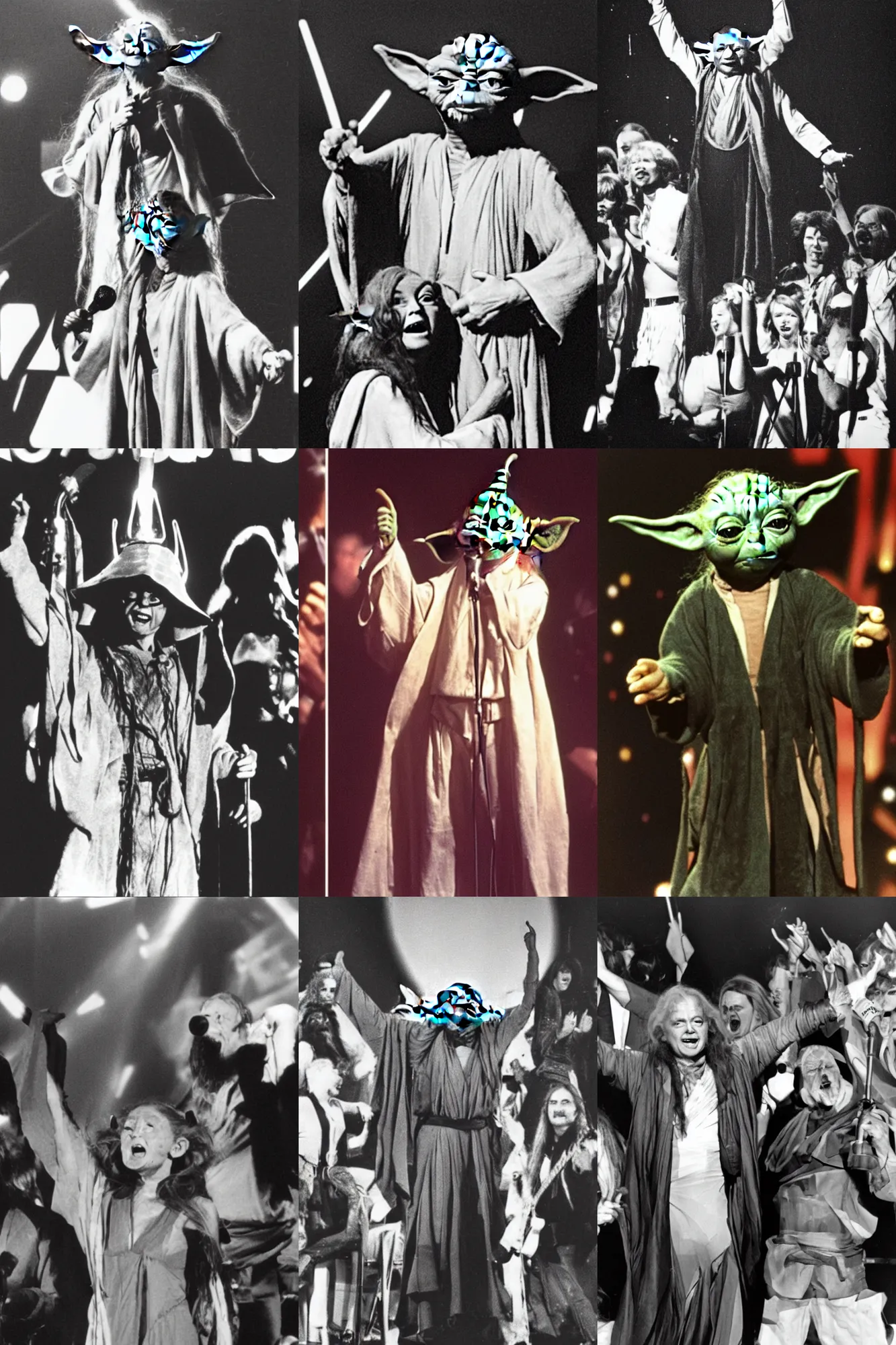 Prompt: photo of yoda winning eurovision song contest and celebrating on stage in the 70s