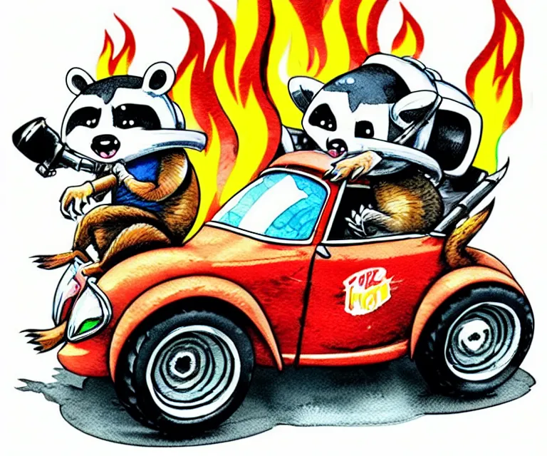 Image similar to cute and funny, racoon wearing a [ helmet with flame stickers ] riding in a tiny hot rod coupe with oversized engine, ratfink style by ed roth, centered award winning watercolor pen illustration, isometric illustration by chihiro iwasaki, edited by range murata