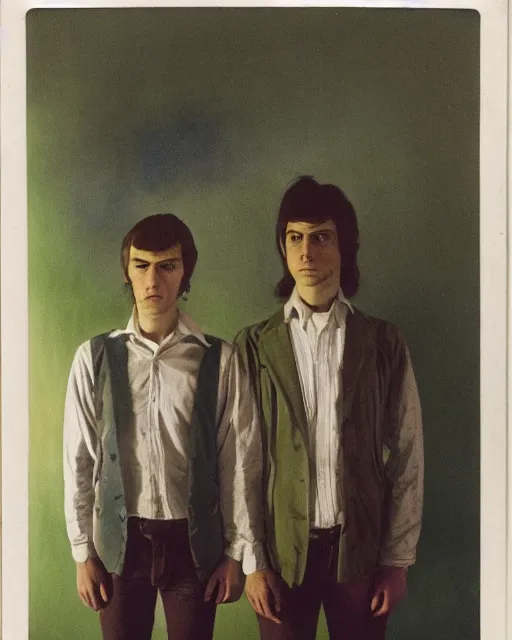 Prompt: an instant photo of two beautiful but sinister young men wearing oxford shirts in layers of fear, with haunted eyes and dark hair, 1 9 7 0 s, seventies, wallpaper, a lot of blood, moonlight showing injuries, delicate embellishments, painterly, offset printing technique, by brom, robert henri, walter popp