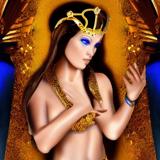 Image similar to seductive divine goddess with bright blue eyes and golden robe in a dark cave, photo 3 d,