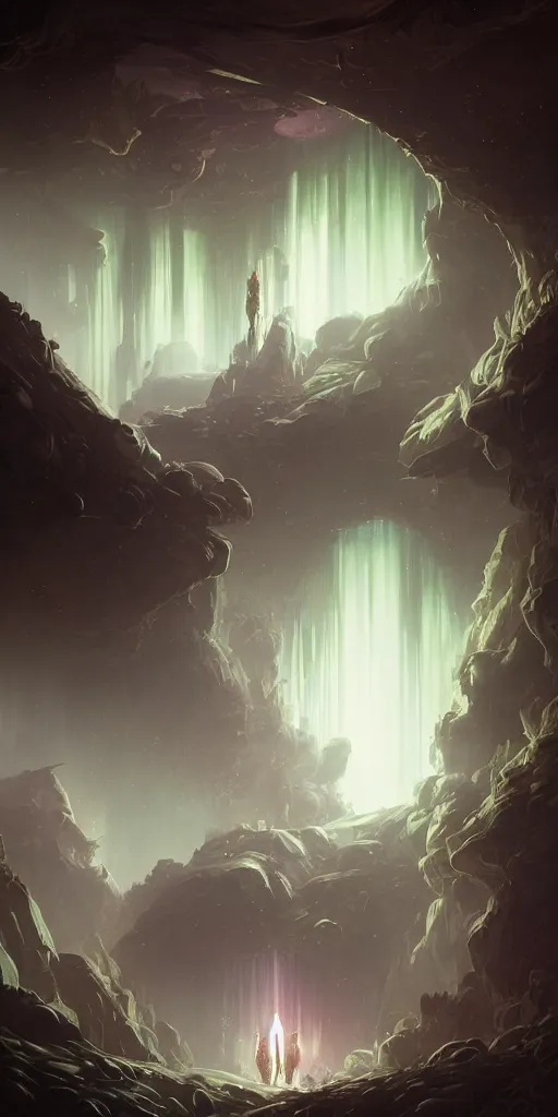 Image similar to Detailed Interior of the Eerie Moon Canyon, Deep Space, Airless, light shafts, the glowing throne, stunning atmosphere, in Style of Peter Mohrbacher, cinematic lighting