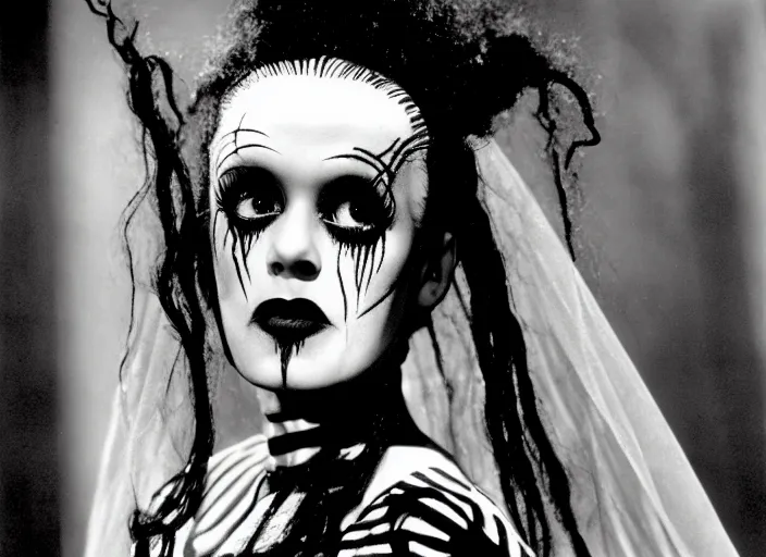 Image similar to editorial portrait, bride of frankenstein ( 1 9 3 5 ) as child wednesday addams, still from the addams family values, sharp, black and white