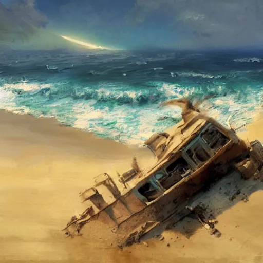 Prompt: shipwreck on a sandy beach on a sunny day, art by craig mullins, highly detailed, trending on artstation, award winning