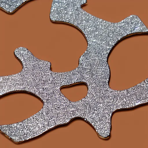 Prompt: Two interlocking puzzle pieces separated by one inch on a glittery surface, hi-res photo