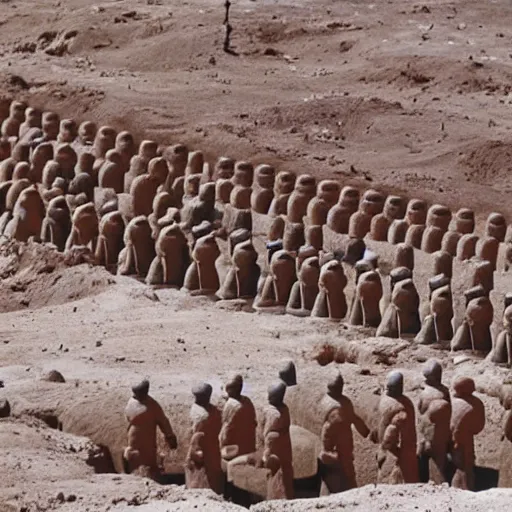 Prompt: full - color 1 9 7 2 photo of dozens of terra - cotta warrior sculptures being excavated from a buried ancient alien temple on the moon by archaeologists wearing space - suits at a dig - site. high - quality professional journalistic photography from time magazine.