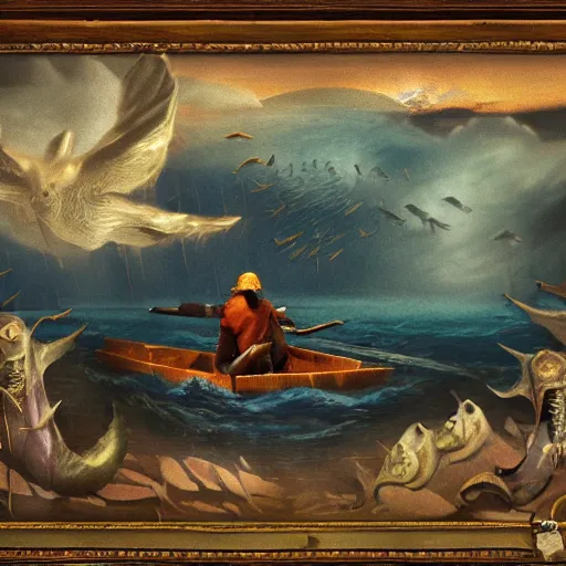 Image similar to man on boat crossing a body of water in hell with creatures in the water, sea of souls, by studio 4 c