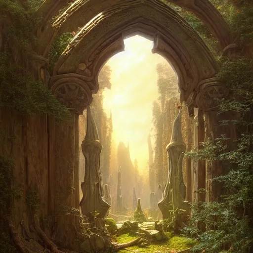 Image similar to a beautiful and highly detailed matte painting of an ancient elven doorway to avalon, epic scale, insanely complex, hyperdetailed, sharp focus, hyperrealism, artstation, cgsociety, 8 k, by caspar friedrich, albert bierstadt, james gurney, brian froud,