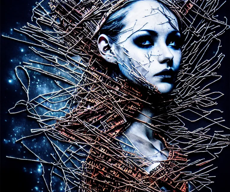 Prompt: aerial photo stunning otherworldly gothic goddess of ice fire, dark and mysterious, atmospheric, ominous, eerie, cinematic, epic, 8 k, 4 k, ultra detail, ultra realistic, rendered by awesomeness. nights falling wind is blowwing snow is pilling concept art in style of carne griffiths artwork by xsullo el anatsui