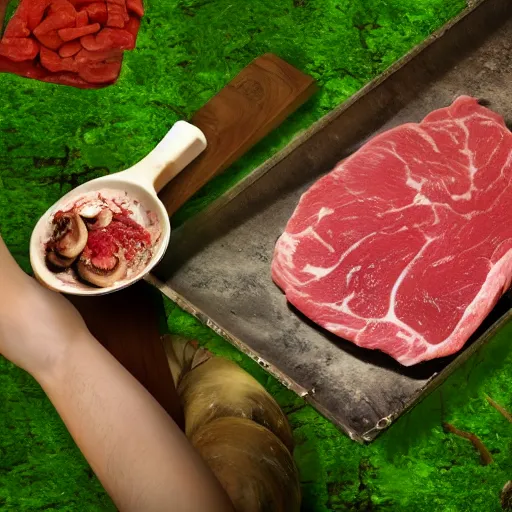 Prompt: Raw meat that is growing mushrooms out of it, Realistic, HDR, HDD, Disgusting food, Really disgusting, LIKE REALLY moldy meat