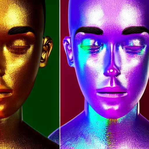 Image similar to 3d render of holographic human robotic head made of glossy iridescent, surrealistic 3d illustration of a human face non-binary, non binary model, 3d model human, cryengine, made of holographic texture, holographic material, holographic rainbow, concept of cyborg and artificial intelligence