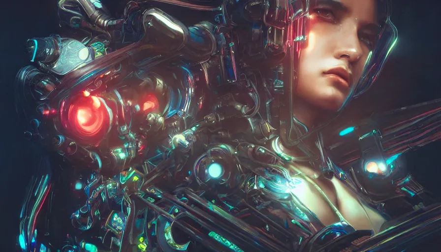 Image similar to contiousness, cyberpunk gorgeous goddess, neon, alterd carbon, mech suit, fibonacci, sweat drops, insane, intricate, highly detailed, digital painting, artstation, concept art, smooth, sharp focus, illustration, Unreal Engine 5, 8K, art by artgerm and greg rutkowski and alphonse mucha