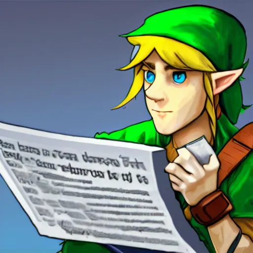 Prompt: link from the legend of zelda reading a news bulletin from a teleprompter, digital art