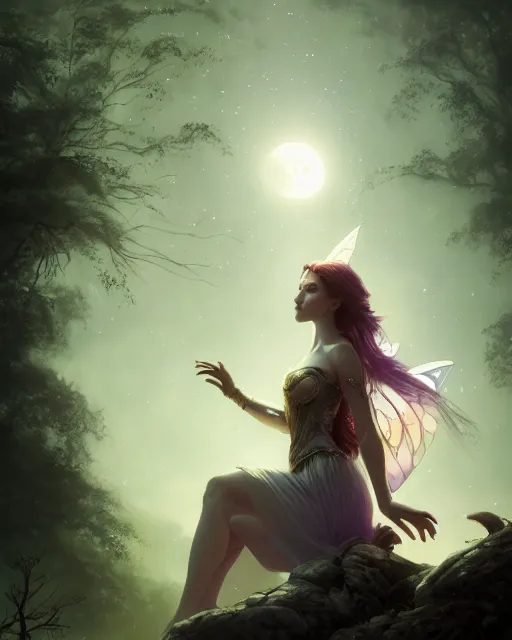 Image similar to attractive fairy goddness fly high in the night, d & d, fantasy, mist, full moon in background, trees, hyper detailed, art by artgerm and greg rutkowski and magali villeneuve, midium shot, 8 k realistic, cryengine, digital painting, trending on artstation, concept art, sharp focus, illustration,