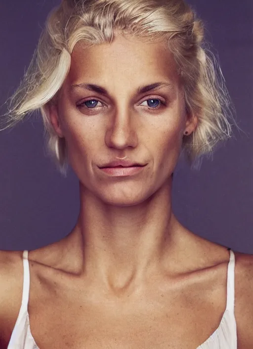 Image similar to photograph of an olive skinned blonde female in her late twenties, her hair pinned up, wearing a designer top, looking content, focused on her neck, photographer annie leibovitz