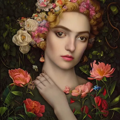 Image similar to dynamic composition, shy woman with blonde hair full of spring flowers wearing ornate earrings, ornate gilded details, pastel colors, a surrealist painting by tom bagshaw and jacek yerga and tamara de lempicka and jesse king, wiccan, pre - raphaelite, featured on cgsociety, pop surrealism, surrealist, dramatic lighting