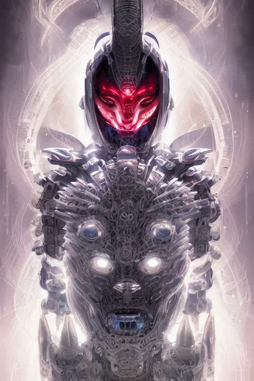 Image similar to asura from chinese myth, ghost, mecha, symmetrical. sci - fi, tech wear, glowing lights, intricate, elegant, highly detailed, digital painting, highly detailed, digital painting, artstation, concept art, smooth, sharp focus, illustration, art by artgerm and greg rutkowski and alphonse mucha