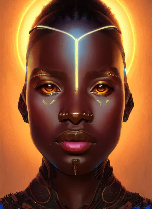 Image similar to symmetry!! portrait of african tribal warrior, tech wear, glowing lights!! intricate, elegant, highly detailed, digital painting, artstation, concept art, smooth, sharp focus, illustration, art by artgerm and greg rutkowski and alphonse mucha