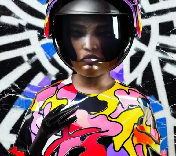 Image similar to portrait of a glossy black marble statue of an anime girl with colorful motocross logos and motorcycle helmet with reflective mirrored visor, colorful billboards in the background, carved marble statue, fine art, in the style of virgil abloh, in the style of takashi murakami,