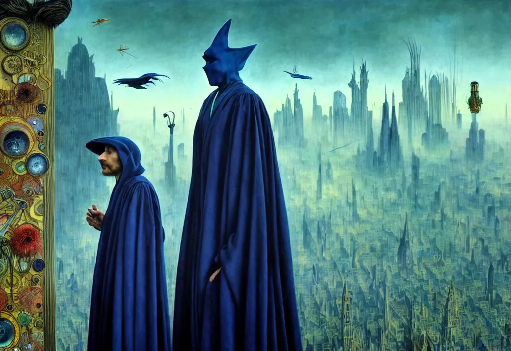 Image similar to realistic detailed portrait movie still of a birdman wearing dark robes, sci fi city landscape background by denis villeneuve, amano, yves tanguy, alphonse mucha, ernst haeckel, max ernst, roger dean, masterpiece, rich moody colours, cinematic, blue eyes, snarling dog teeth