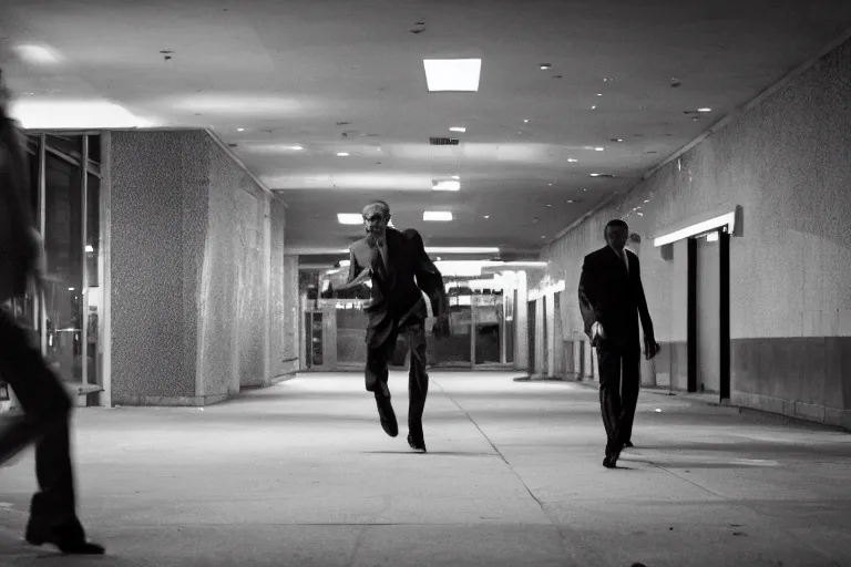 Image similar to CCTV Footage obama chasing a guy on a abandoned mall, mid night, no lights, cinematic lighting