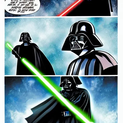 Prompt: Darth Vader and Luke Skywalker in an epic light saber battle, comic book style, graphic art,