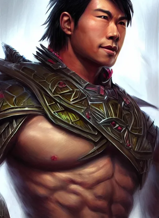 Image similar to muscly asian man with medium black parted hair, dndbeyond, bright, colourful, realistic, dnd character portrait, full body, pathfinder, pinterest, art by ralph horsley, dnd, rpg, lotr game design fanart by concept art, behance hd, artstation, deviantart, hdr render in unreal engine 5