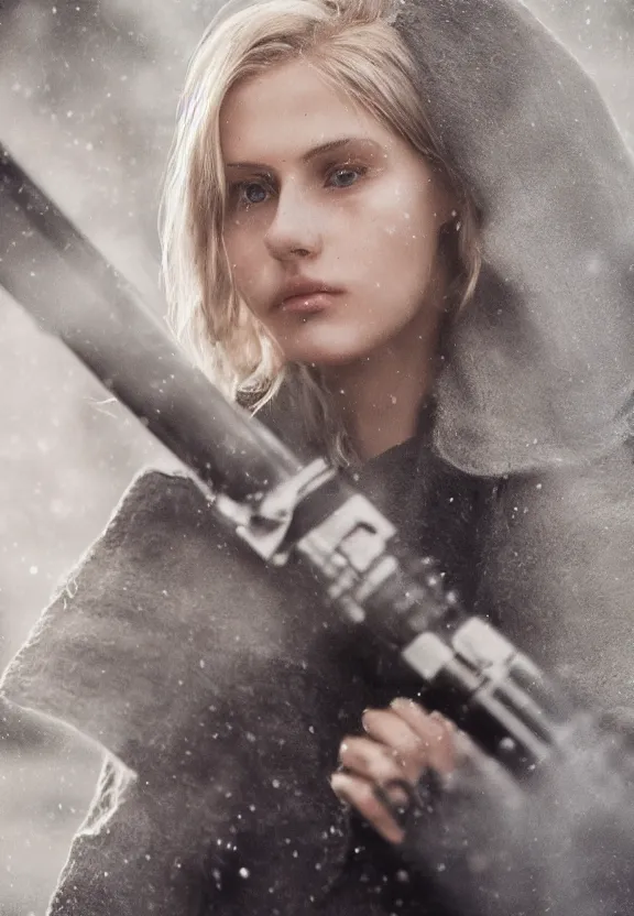 Image similar to cute model annie leonhart holding a lightsaber, beautiful face, detailed face, realistic eyes, cinematic lighting, rainy weather, melancholy atmosphere, volumetric light, realistic reflections, model agency, instagram photo, shot on sony a 7 iii, beauty filter, postprocessing