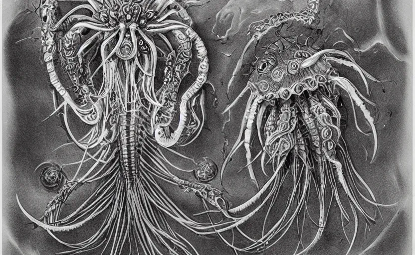 Image similar to sci - fi biomechanical, monster character design, fantasy. intricate jellyfish crab eagle lizard biomechanical. by ernst haeckel