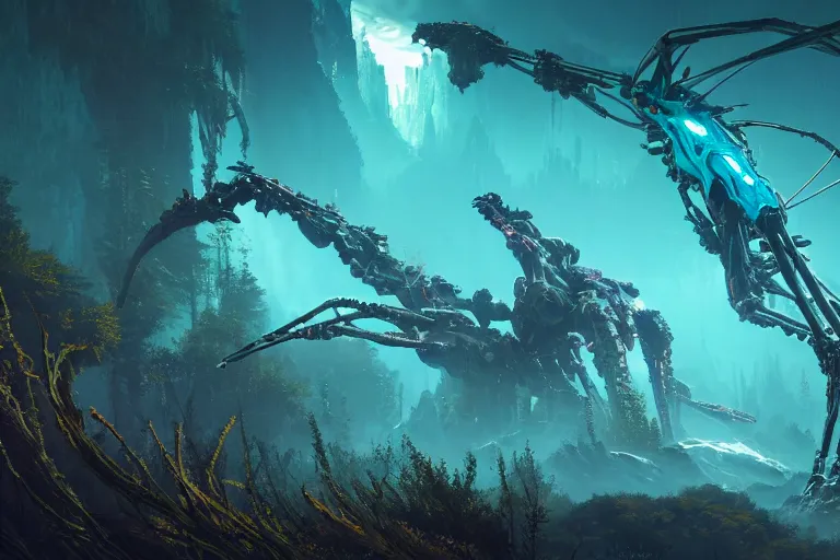 Prompt: a hyper detailed cyan fanghorn evangelion realistic mechanical and organic creature similar look as horizon forbidden west horizon zero dawn, bioluminiscence in a dark deep forest at dawn in spring, with reflection and textures, by kilian eng, substance painter reaslitic mech surface metal painted scratches,