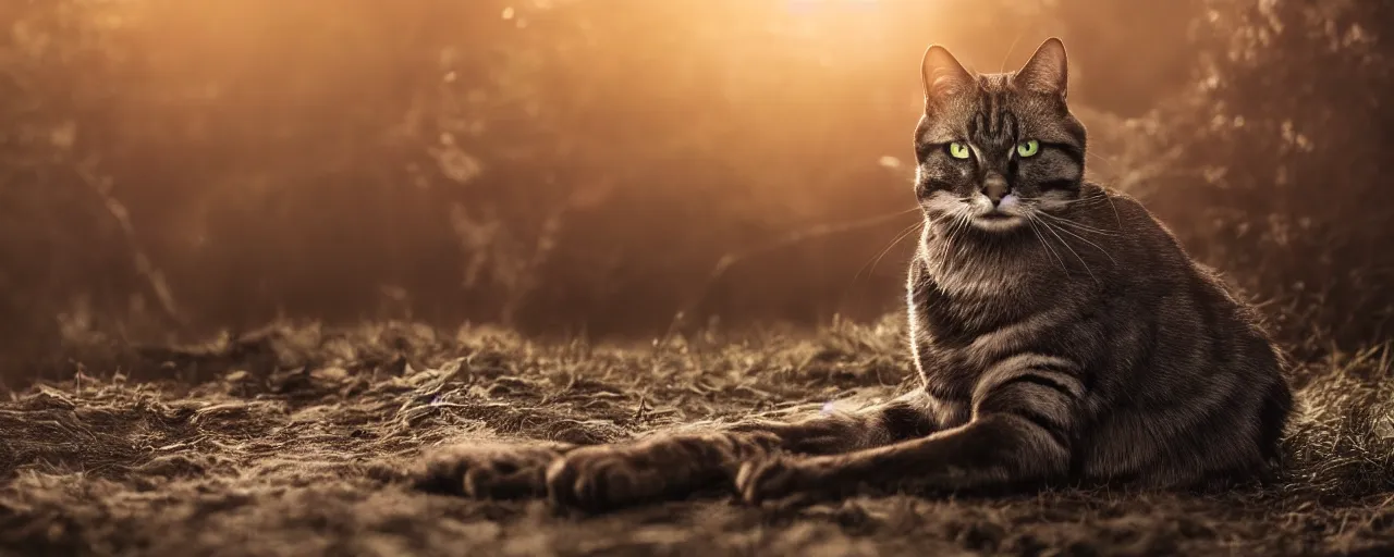 Prompt: close-up photo of a warrior cat in a battle scene, shallow depth of field, photorealistic, cinematic lighting, warm colours, dusk