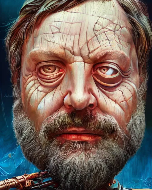 Prompt: cyborg slavoj zizek, by antonio j. manzanedo, giger, alex grey, android jones, wayne barlowe, philippe druillet, raymond swanland, cyril rolando, josephine wall, harumi hironaka, trending on artstation