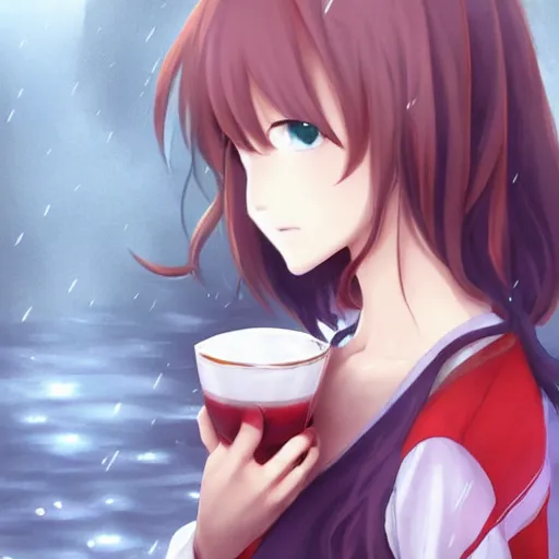Prompt: portrait of a girl drinking cappucino during rain, anime fantasy illustration by tomoyuki yamasaki, kyoto studio, madhouse, ufotable, trending on artstation