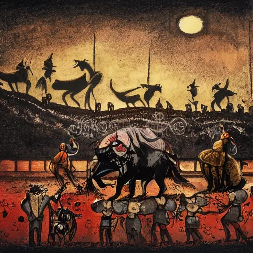 Prompt: ecstatic by alexander jansson dark black, ochre. a illustration of a bullfight in spain. the illustration is set in an arena with spectators in the stands. several figures in the illustration, including a matador & a bull.