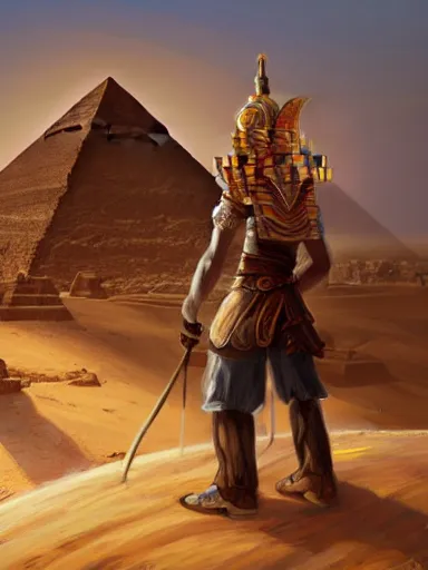 Prompt: a handsome man, leaning on his staff, near the great pyramids. intricate, elegant, highly detailed, digital painting, artstation, concept art, sharp focus, illustration, by justin gerard and artgerm, 8 k