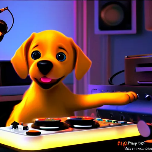 Image similar to puppy as a DJ, 8k, by Pixar