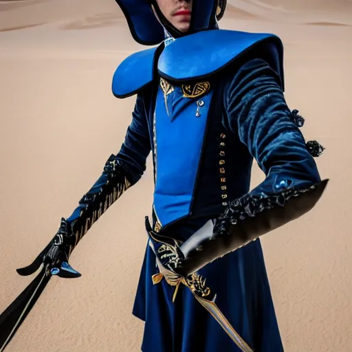 Image similar to low angle upper view of adult Austin Butler dressed in futuristic-baroque prussian blue duelist-garb with Griffin-Ram embroidery emblem, and nanocarbon-vest and greaves, standing in an arena in Dune 2020, XF IQ4, f/1.4, ISO 200, 1/160s, 8K, RAW, unedited, symmetrical balance, face in-frame