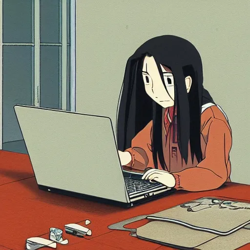 Prompt: guy with long black hair using a laptop, tan skin, looking down, art by hayao miyazaki, studio ghibli film