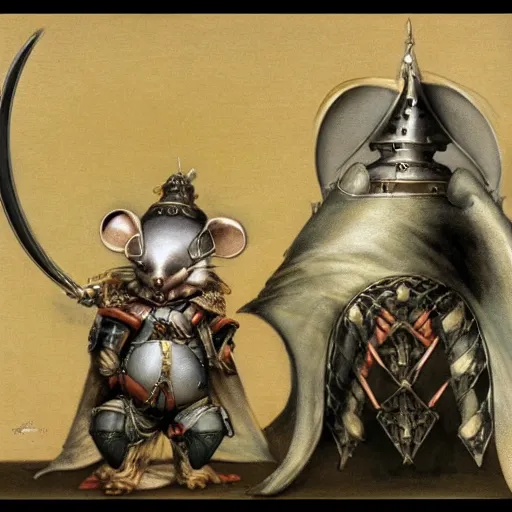 Image similar to an anthropomorphic white mouse samurai wearing armor by Eiko Ishioka cinematic concept painting by brian froud and hr giger