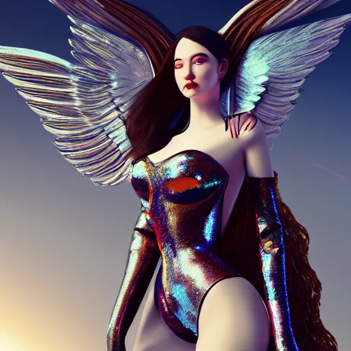 Image similar to fantasy angel with wings inspired avant - garde art, deco fashion, highly detailed, photorealistic portrait, bright studio setting, studio lighting, crisp quality and light reflections, unreal engine 5 quality render