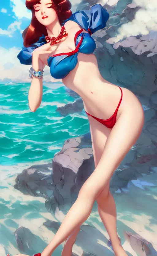 Image similar to a pin up and beautiful fashion charming dreamlkeanime cute girl in bikini with lv jewelry, character art, art by artgerm lau and kyoung hwan kim and and ilya kuvshinov and john singer sargent, hyperdetailed, 8 k realistic, symmetrical, frostbite 3 engine, cryengine, dof, trending on artstation, digital art
