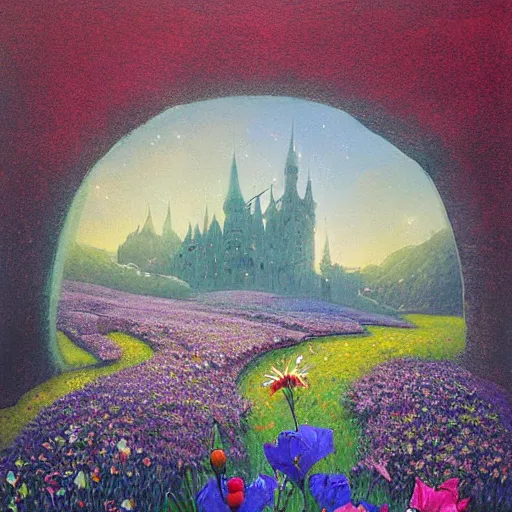 Image similar to a beautiful painting of a large medieval castle shrouded by mystic nebula magic in a field of flowers by moebius and android jones