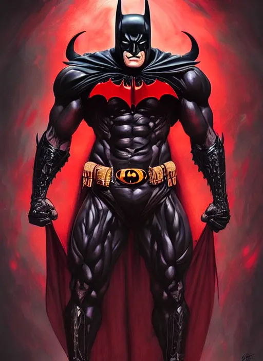 Image similar to portrait of aggressive demonic damned batman, d & d, muscular! athetic slim bodybuilder, red and black, futuristic, fantasy, intricate, elegant, highly detailed, digital painting, artstation, concept art, smooth, sharp focus, illustration, art by artgerm and greg rutkowski and alphonse mucha