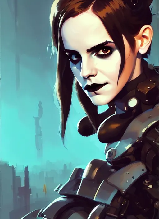 Image similar to portrait of cute goth emma watson in cyber armor, warhammer, cyberpunk, by atey ghailan, by greg rutkowski, by greg tocchini, by james gilleard, by joe fenton, by kaethe butcher, by gustav klimt, dynamic lighting, gradient light blue, brown, blonde cream and white color in scheme, grunge aesthetic