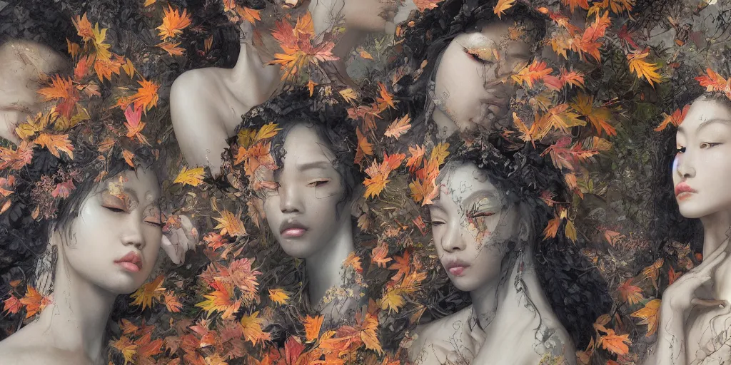 Image similar to breathtaking detailed concept art painting pattern of black faces goddesses amalgamation autumn leaves with anxious piercing eyes and blend of flowers and birds, by hsiao - ron cheng and john james audubon, bizarre compositions, exquisite detail, extremely moody lighting, 8 k